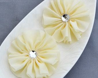 3 Light Yellow Cream Rhinestone Ballerina Twirl Flower Chiffon Flower Fabric Silk Bridal Garter SF169