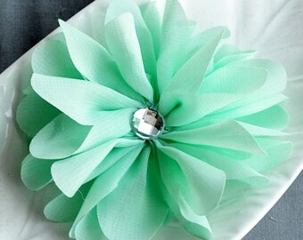 2 Mint Green Rhinestone Ballerina Twirl Flower Chiffon Flower Soft Fabric Silk Bridal Baby Headband SF116