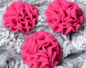 2 Chiffon Silk Rose Flower Puff Cabbage Rosette Fuchsia Hot Pink Bridal Hair Bow Headband Clip SF082