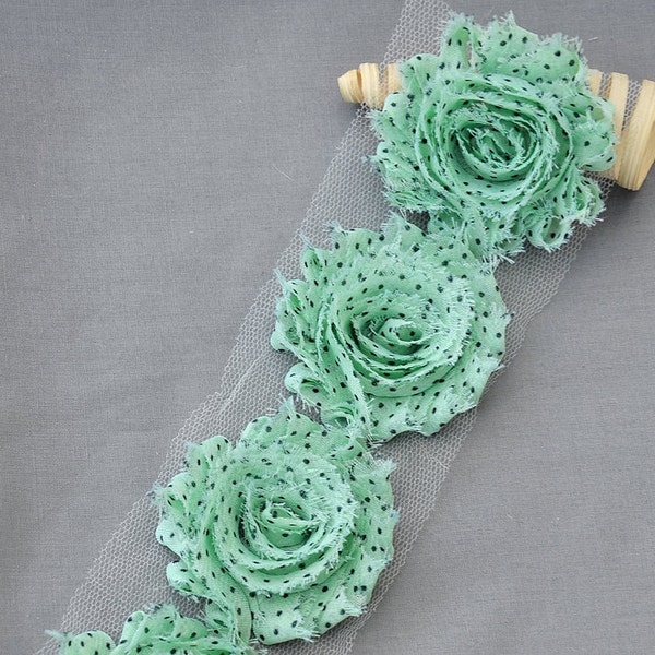 1/2 Yard Shabby Rose Trim 7 pcs Shabby Flower Mint Green Black Polka Dot Shabby Chiffon LA111