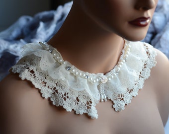 Pearl Rhinestone Beaded Collar Chiffon Lace Trim Applique Cotton Collar Bridal Wedding Necklace LA072