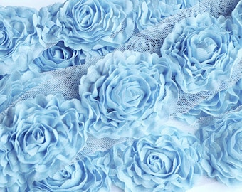 1 Yard Chiffon Rose Lace Trim Appliqué Sky Blue 3D Bridal Wedding Camellia Ruffled Flower or more LA087