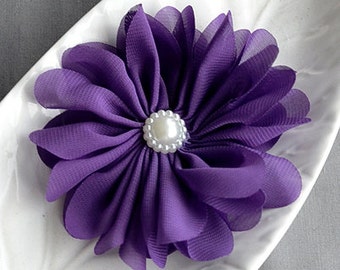 2 Dark Purple Chiffon Flower Soft Fabric Silk Pearl Ballerina Twirl Flower Bridal Wedding Headband SF132