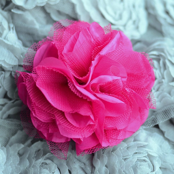 2 Cotton Tulle Mesh Rose Flower Fuchsia Hot Pink Chiffon Silk Bridal Baby Hair Bow Headband Clip SF064