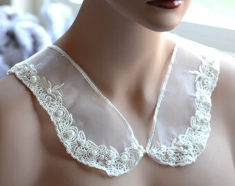 Pearl Rhinestone Beaded Collar Trim Applique Cotton Sheer Ribbon Collar Bridal Wedding Necklace LA057