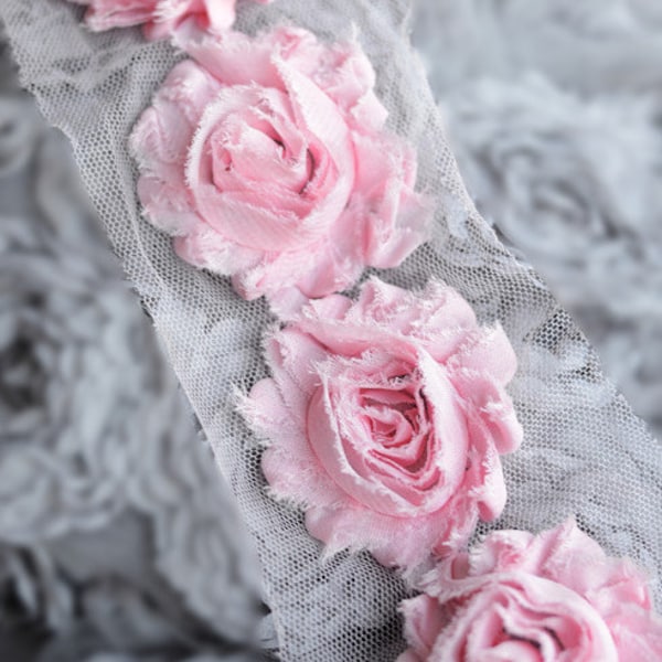 1/2 Yard Shabby Rose Trim 7 pcs Shabby Flower Light Pink Shabby Frayed Chiffon Flower Lace LA066