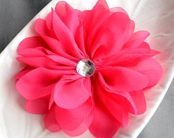 2 Hot Pink Chiffon Flower Soft Fabric Silk Rhinestone Ballerina Twirl Flower Bridal Clip Headband SF100