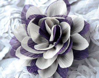2 Chiffon Silk Rose Flower Rosette Dark Purple Beige Bridal Wedding Baby Hair Bow Headband Clip SF059