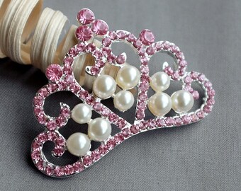 3 Rhinestone Button Embellishment FREE Shipping of 20.00 Order Pink Crystal Pearl Tiara Crown Wedding Brooch Hair Comb BT571