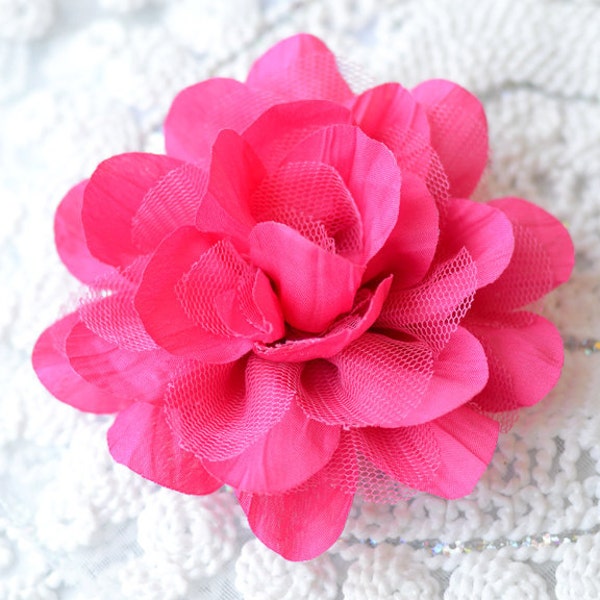 2 Chiffon Chic Rose Cotton Tulle Flower 5" Fuchsia Hot Pink Bridal Wedding Baby Hair Comb Pin SF036