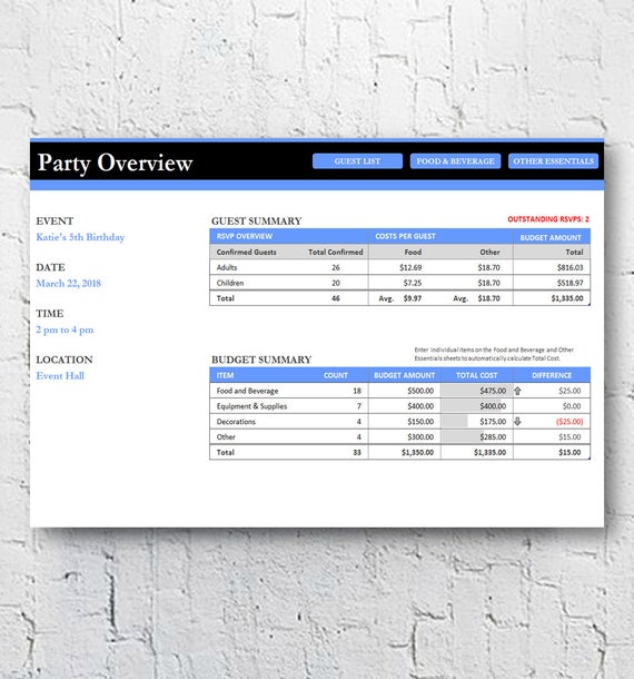 party planning excel spreadsheet template food beverage etsy party planning excel template