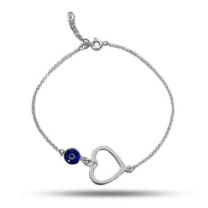 Heart Theme Double Sided Evil Eye Adjustable Anklet In Rhodium Plated Sterling Silver- 9.5 to 11 Inches