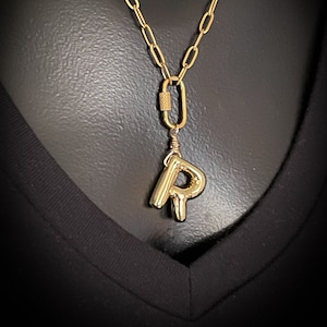 Initial necklace. Gold or silver toned necklace. Paperclip chain. Carabiner. Bubble letters. Statement necklace.