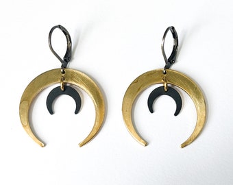 Moon earrings. Black patina earrings. Dangle earrings. Brass earrings. Gold toned earrings. Personalized jewelry. Double moon jewelry
