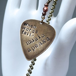 Guitar pic necklace or keychain for him or her. Metal guitar pick. Bronze. Hans Christian Anderson