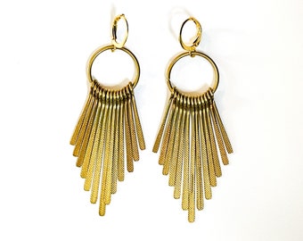 Gold tone fringe earrings. Textured brass. Gold hoops. Statement earrings. Gold jewelry. Fringe jewelry. Hammered earrings. Cross hatching.