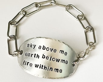 Paperclip chain bracelet. Silver bracelet. Sky above me. Earth below me. Fire within me. Word bracelet. Quote bracelet. Pendant bracelet.