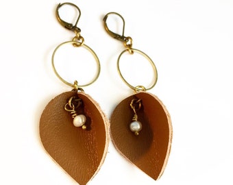 Tan Leather Leaf Earrings: Freshwater Pearl Dangle, 2.5" Long