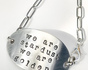 Joni Mitchell bracelet with paperclip chain. quote bracelet. Word bracelet. We are stardust. We are golden. Song bracelet. Lyric bracelet.