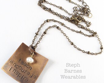 Teacher gift necklace in bronze with pearl accent