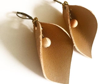 Hand Cut Tan Leather Leaf Earrings with Pearl Detail