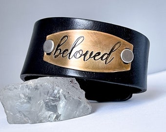 Beloved cuff bracelet. Leather cuff. Black leather. Bronze word bracelet. Black cuff. Adjustable cuff.