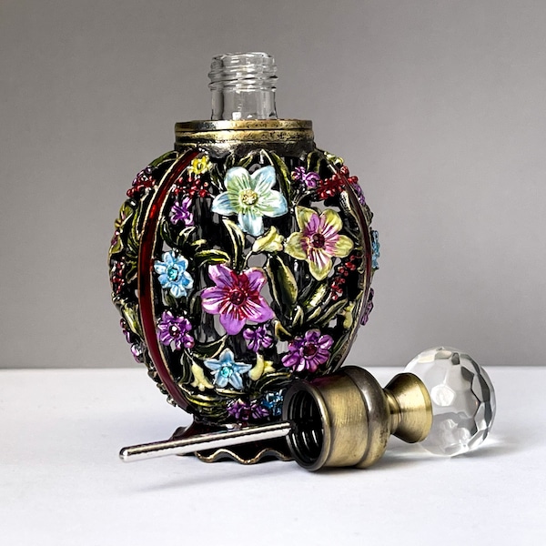 Perfume bottle. glass fragrance bottle  <empty> essential oil bottle. refillable bottle. Oil blend bottles. Enamel flowers MCM style.