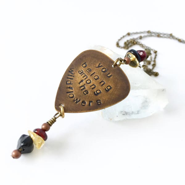 You belong among the wildflowers necklace with obdidian citrine and garnet detail in artisanal bronze. Quote necklace. Word jewelry. Song