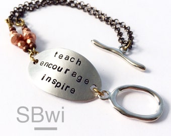 Teacher bracelet in aluminum with copper detail. Teacher gift. Silver bracelet. Teach encourage inspire.
