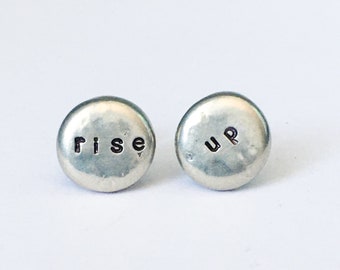 Hand Stamped Pewter Stud Earrings: 'Rise Up' Quote Jewelry