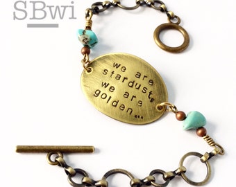 Joni Mitchell bracelet with turquoise details. quote bracelet. Word bracelet. We are stardust. We are golden. Song bracelet. Lyric bracelet.