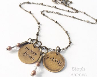 Personalized necklace for mother or grandmother in bronze with  clear Swarovski accent charms