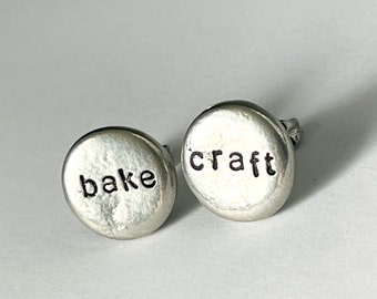 Bake/Craft earrings. Silver studs. Small earrings. Baker gifts. Crafter gifts. Typography. Word jewelry quote jewelry.