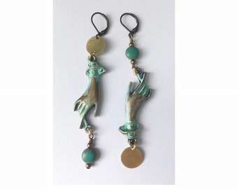 Victorian hand earrings. Turquoise earrings. Bronze earrings. Verdigris earrings. Statement earrings. Long earrings