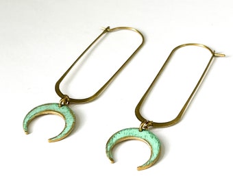Moon earrings. Green patina earrings. Dangle earrings. Brass earrings. Gold toned earrings. Personalized jewelry. Verdigris jewelry