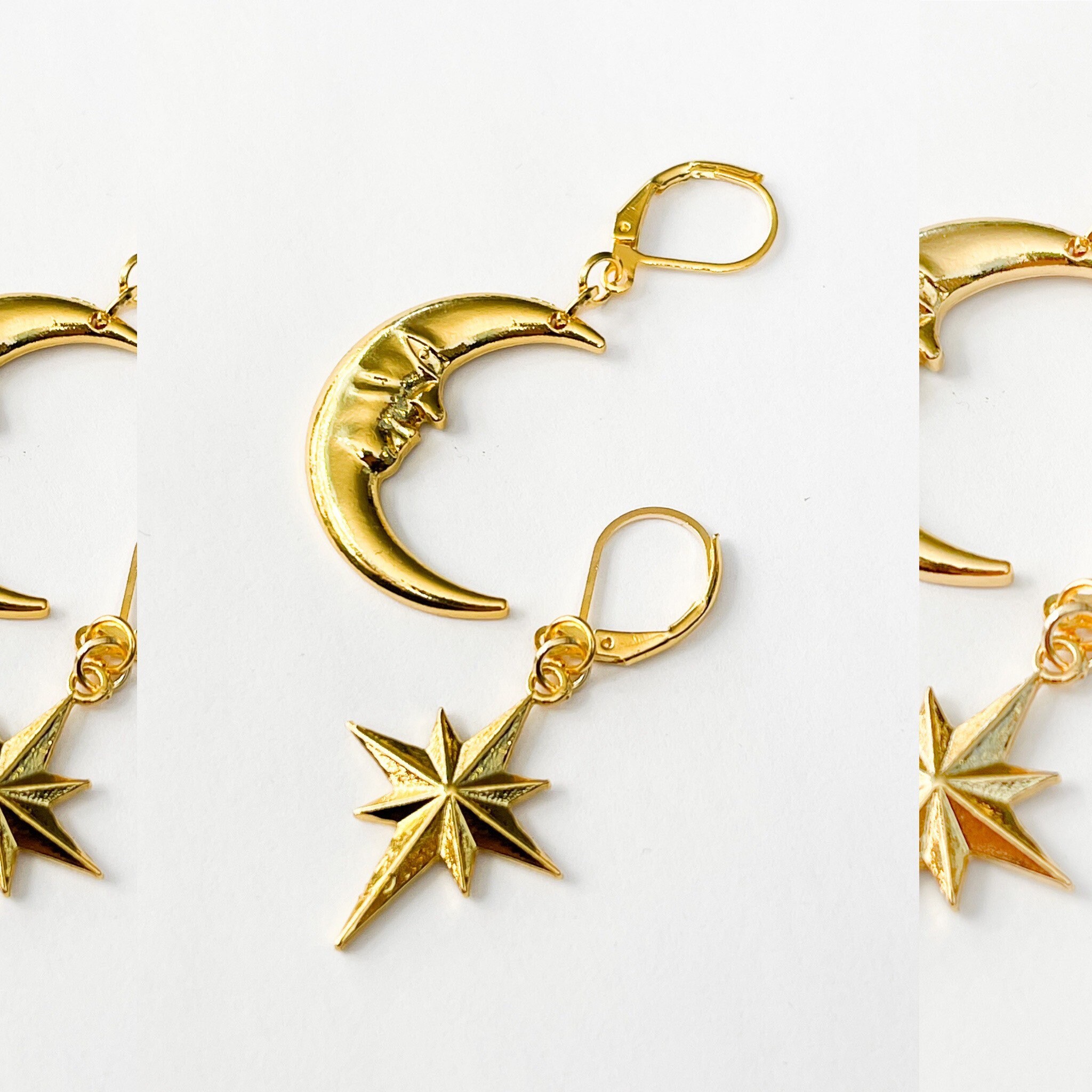 Moon and Star Earrings. Asymmetric Earrings. Gold Earrings
