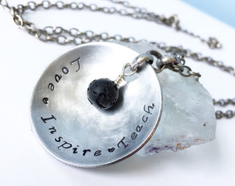 Diffuser necklace. Teacher necklace. Love inspire teach. Lava stone necklace. Word necklace. Essential oil necklace.