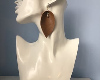 Tan Leather Leaf Earrings: Hand-Cut with Freshwater Pearl