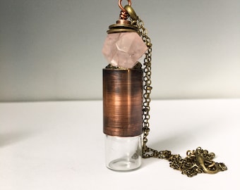 Rose quartz necklace. Copper necklace. Roller ball necklace. Diffuser jewelry. essential oil necklace. Free domestic shipping.