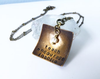 Teacher gift necklace in bronze with pearl accent