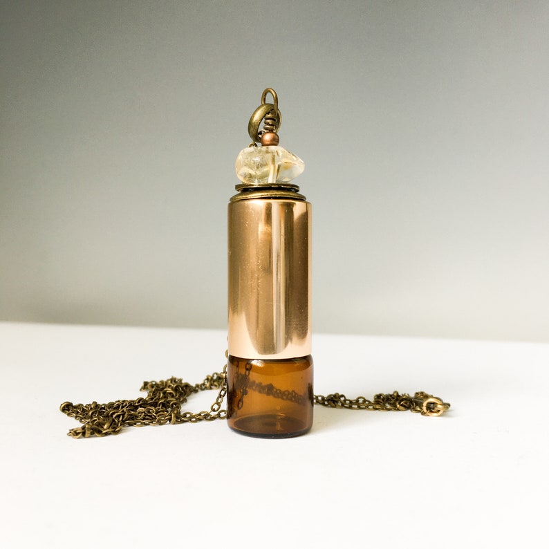 Gold bottle necklace. Citrine necklace Aromatherapy Rollerball necklace Essential oil jewelry Diffuser necklace