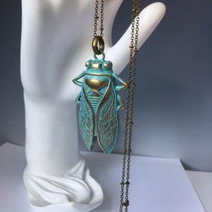 Cicada necklace. Bronze necklace. Green patina necklace. Bug jewelry. Insect jewelry. Extra long necklace. 30&quot; chain