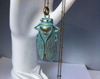 Cicada necklace. Bronze necklace. Green patina necklace. Bug jewelry. Insect jewelry. Extra long necklace. 30" chain