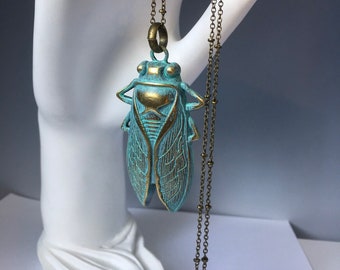 Bronze Cicada Necklace: Green Patina Insect Jewelry, 30" Chain
