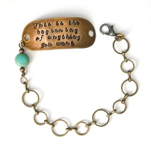 Beginnings bracelet in bronze with turquoise. this is the beginning of anything you want. Turquoise bracelet. Word jewelry. Quote bracelet.