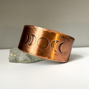 Hammered Copper Cuff Bracelet: Etched Moon Phase Design