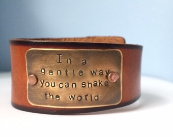 Genuine leather adjustable cuff bracelet with bronze and copper detail--- Gandhi --- in a gentle way you can shake the world