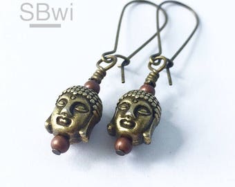 Buddha earrings in antiqued bronze with copper detail