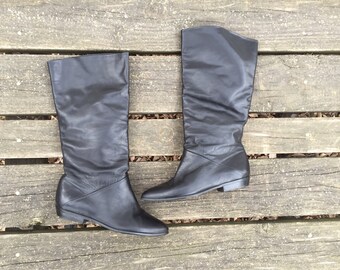 Boots - Size 7.5 Black Leather Tall Midcalf Slouch Boots Made in Uruguay Womens 7 1/2