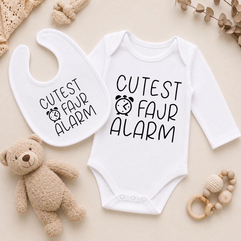 Funny Islamic Muslim inspired baby vest and bib gift set "Cutest fajr alarm" for a babyshower.